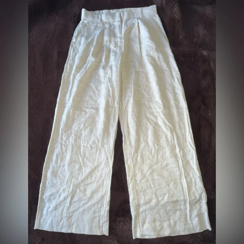 Abercrombie & Fitch Wide Leg Pleated Ivory Colored Linen Trouser Pants SIZE 28/6 - Image 4