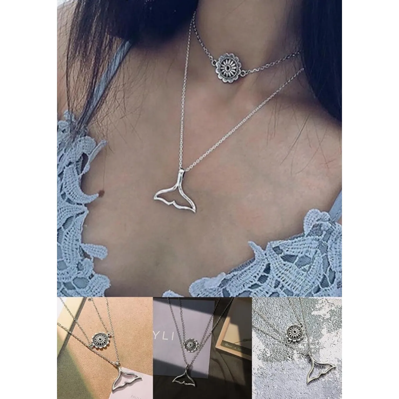 NEW Layered Necklace Plated Silver‎ Whale Tail Sunflower Pendant Chain Jewelry - Image 7