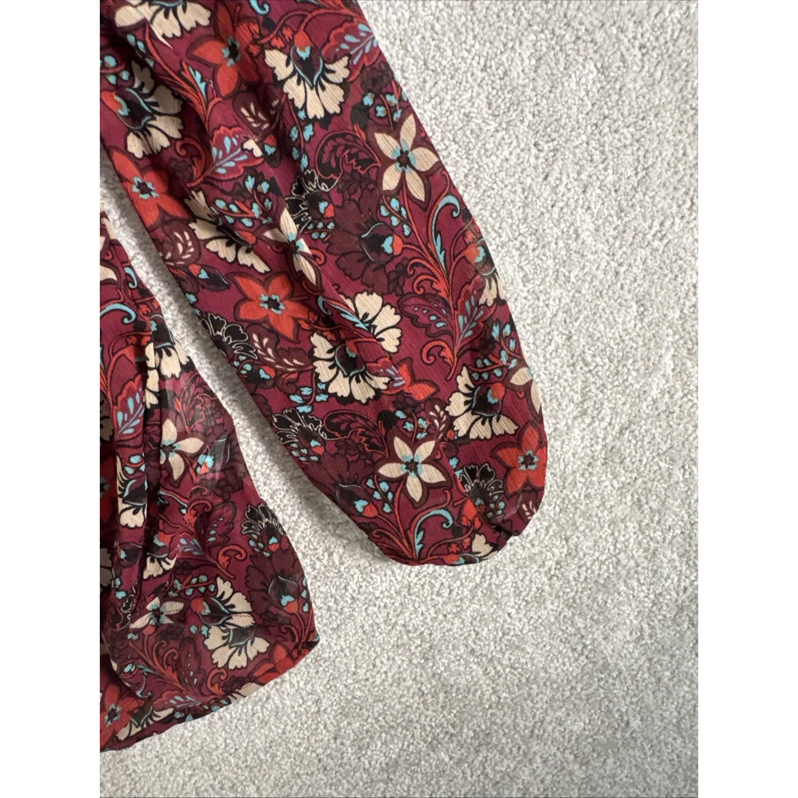 Hollister Y2K Babydoll Sheer Top‎ Small Burgundy Bc Floral Boho Peasant Festival - Image 5