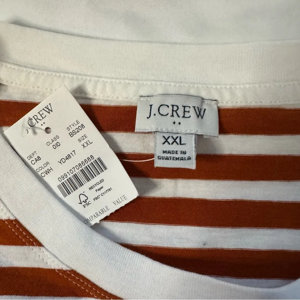 J Crew Factory Orange Long Sleeve Striped Tee Size 2XL Cotton Crew Neck Casual White - Image 4