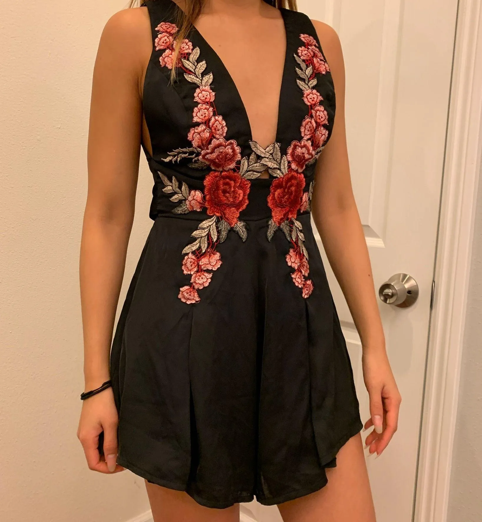 Short Black Parisian Rose Embroidered Romper - Image 5
