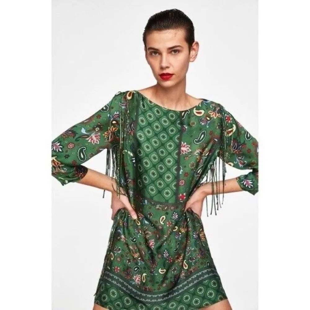 Zara Green Bohemian Fringe Paisley Print Mini Dress Women’s Size Small S NWT - Image 2