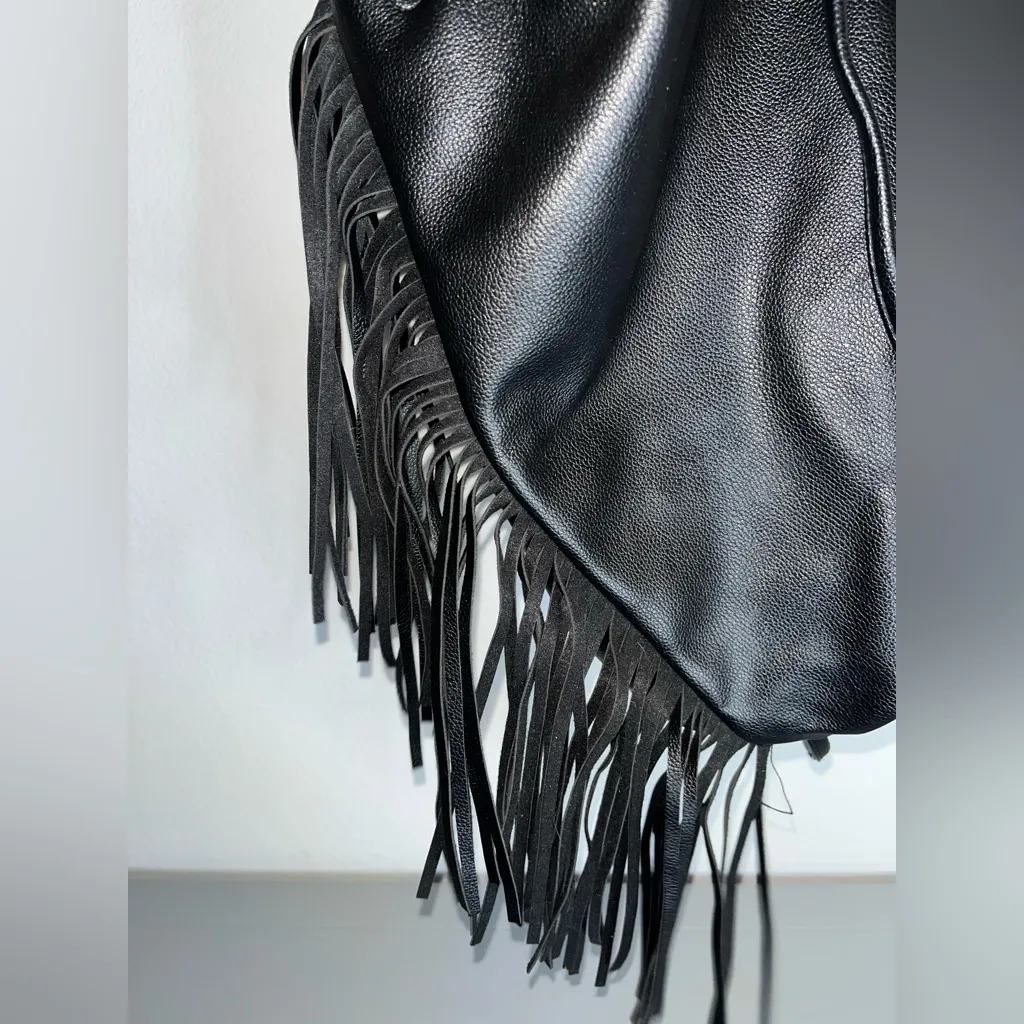 Victoria's Secret Fringe Bucket Bag Drawstring Black Faux Leather Large NWOT - Image 10
