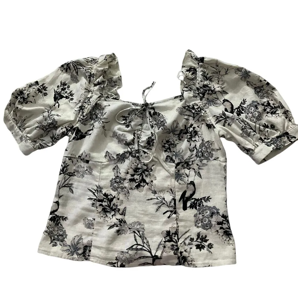 Who What Wear Ivory Floral Linen Shirt Women Top Size Small | 56-42 - Image 3