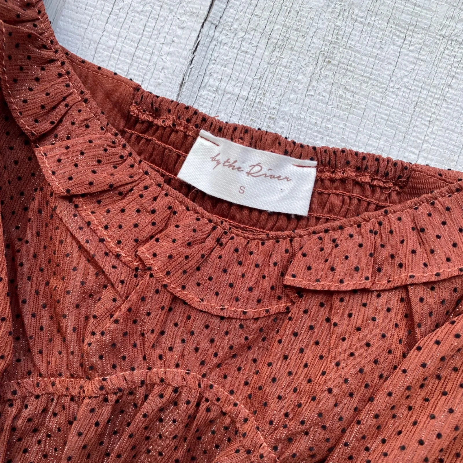 By the River Mini Dress Swiss Dot Ruffle Trim Square Neck Brown S Fairy - Image 3