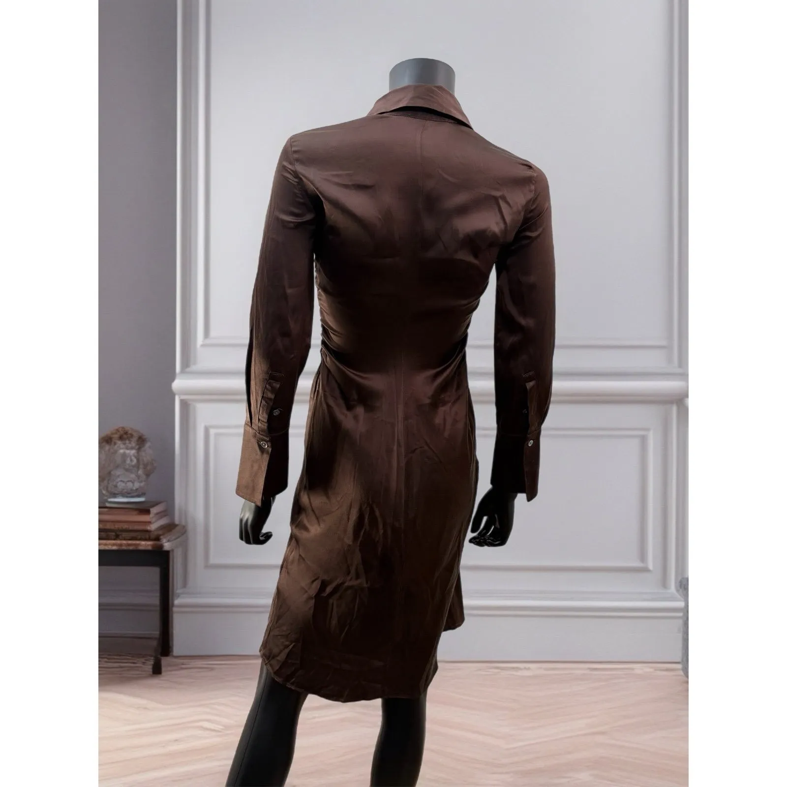 Banana Republic 100% Silk Brown Shirt Dress Petite XXS Button Front - Image 3