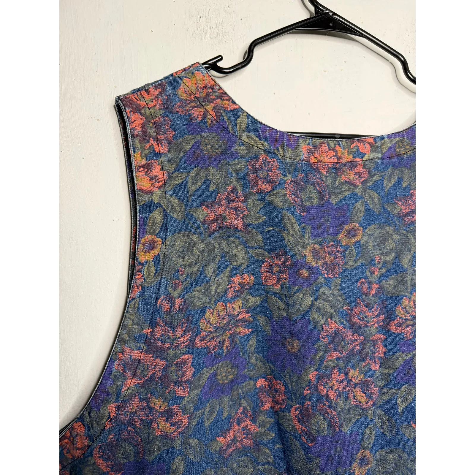 Truly Yours Vintage 90s 3X Denim Button Down Dress Sleeveless Floral Flowers Blue - Image 9