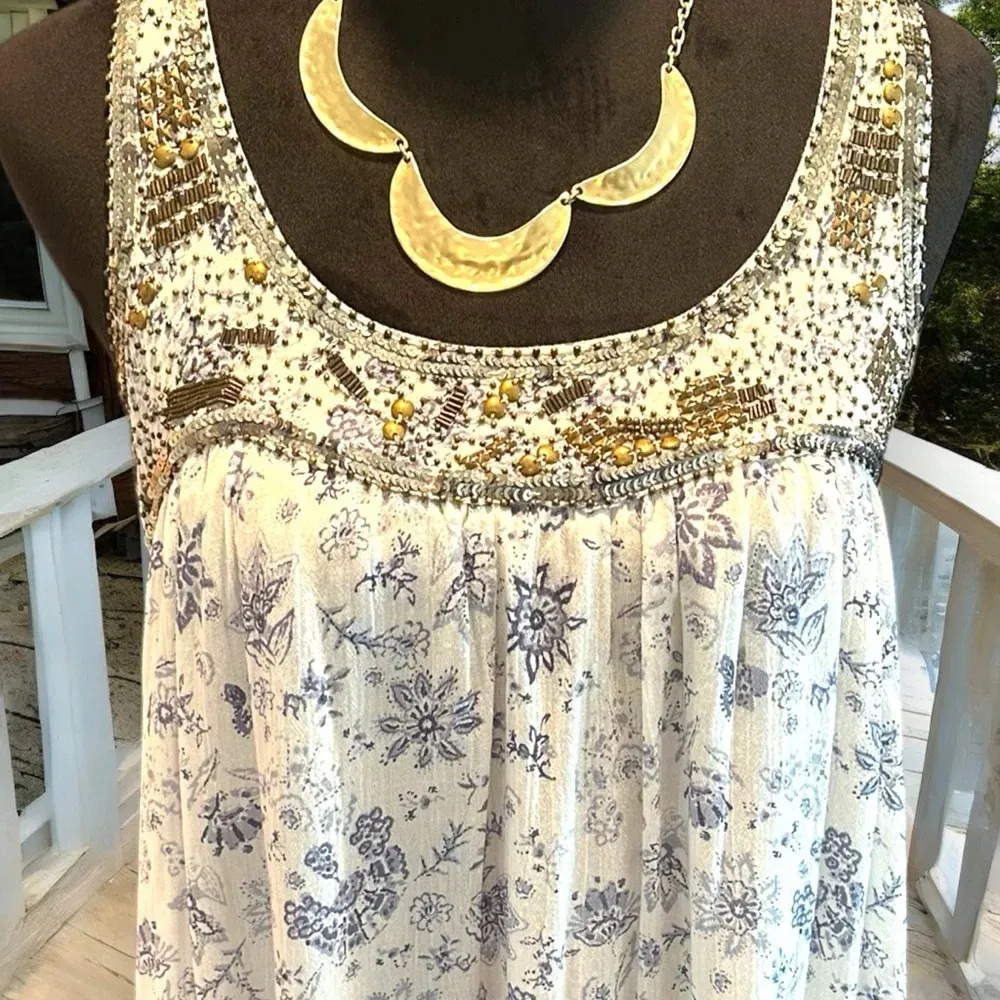 Altar'd State Sun Dress Women's Sz M Blue Floral Beaded Lined Racer‎ Back - Image 7