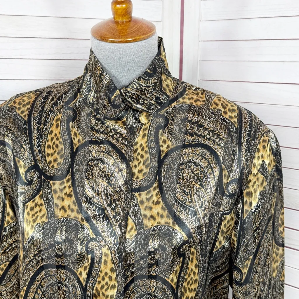 Vintage 80s Tess Paisley Leopard Print Satin Mock Neck Blouse Black Tan Size 8 - Image 5