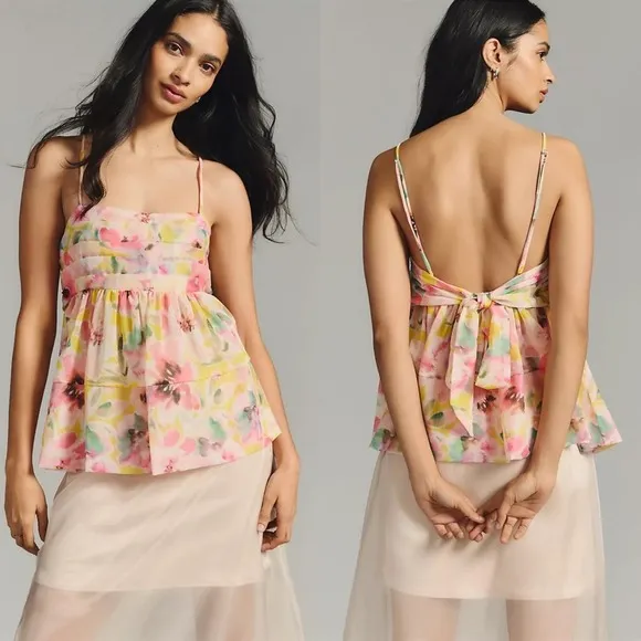 MISA Los Angeles Floral Pastel Sheer Back Tie Babydoll Mariposa Top XL - Image 2