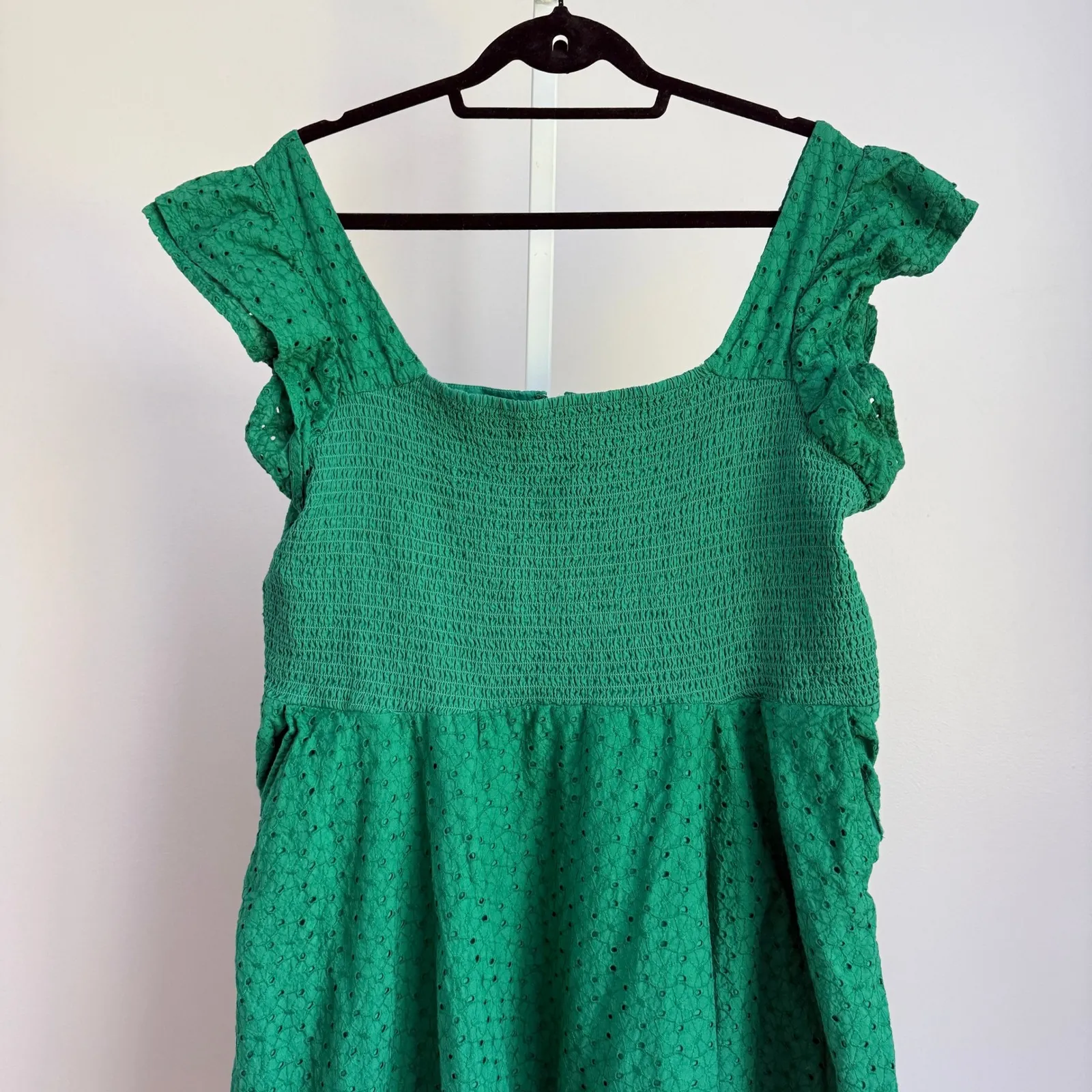Timeless London Green‎ Eyelet Dress UK20 US16 Flutter Sleeve Smocked Casual - Image 2