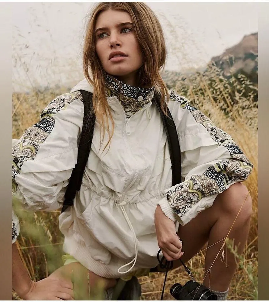 Free People She Fly Jacket Coat White Hood Layered Embroidered Aztec XS Oversize - Image 4