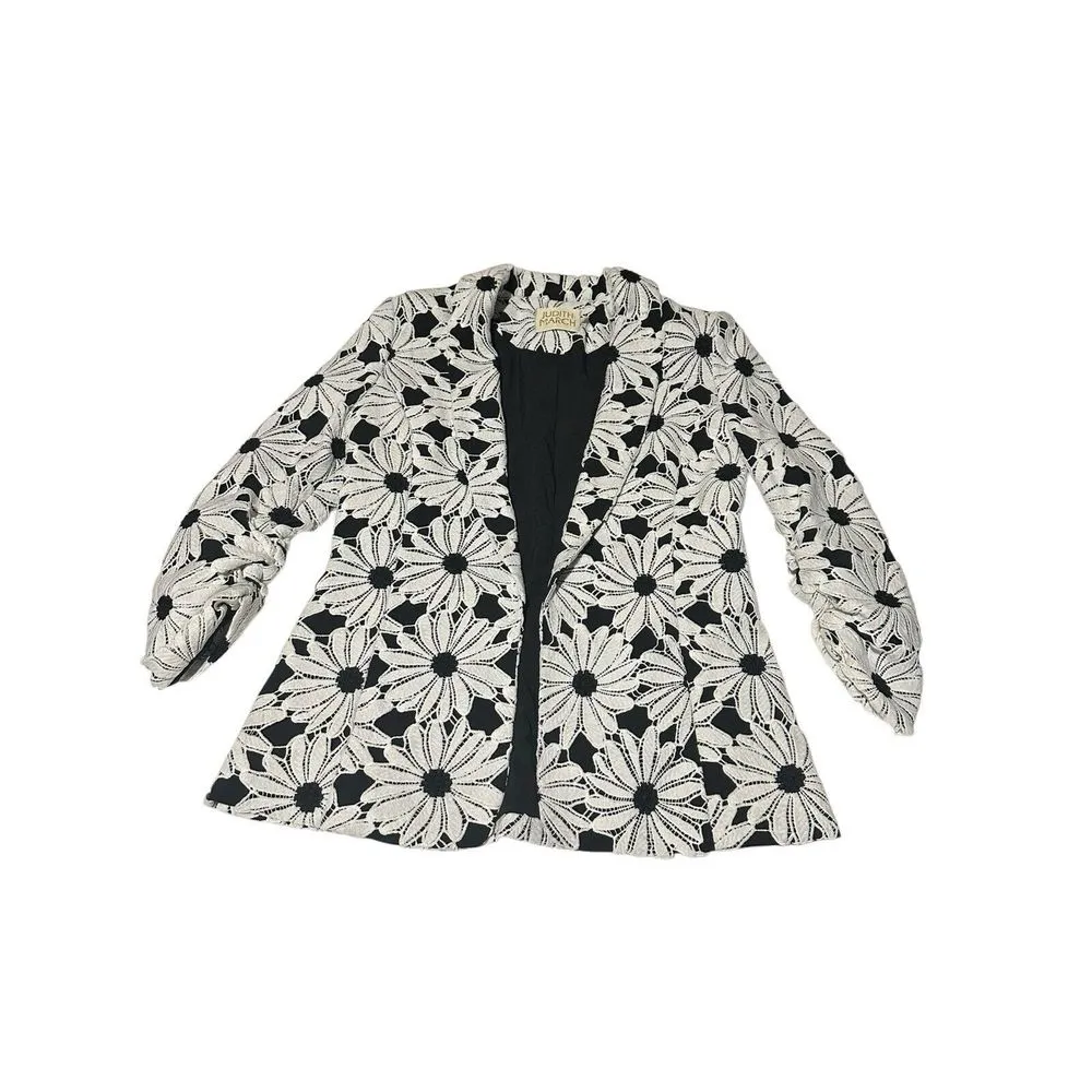 Anthropologie Judith‎ March Small Daisy Floral Embroidered Blazer Black White W9 - Image 2