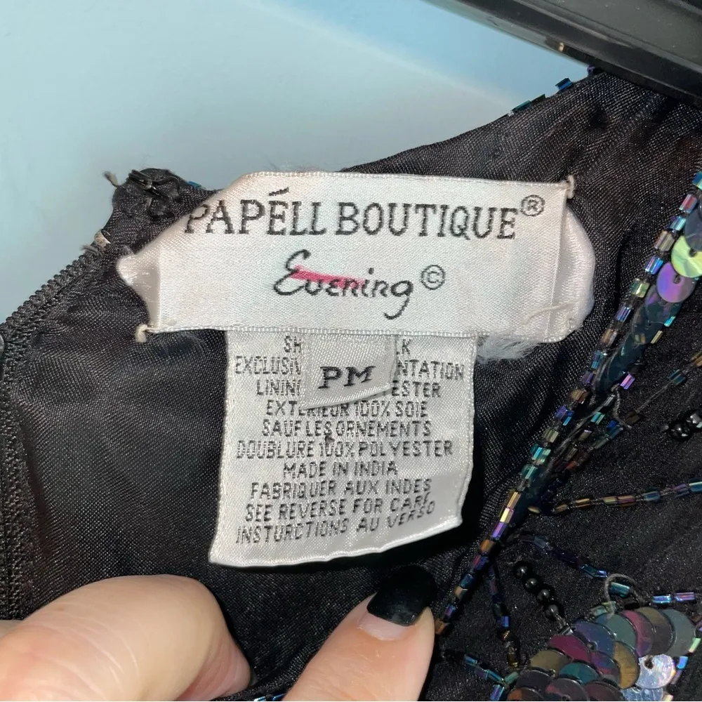 Papell Boutique Vintage Sequined Evening Top Silk Scalloped Hem Petite Medium - Image 2