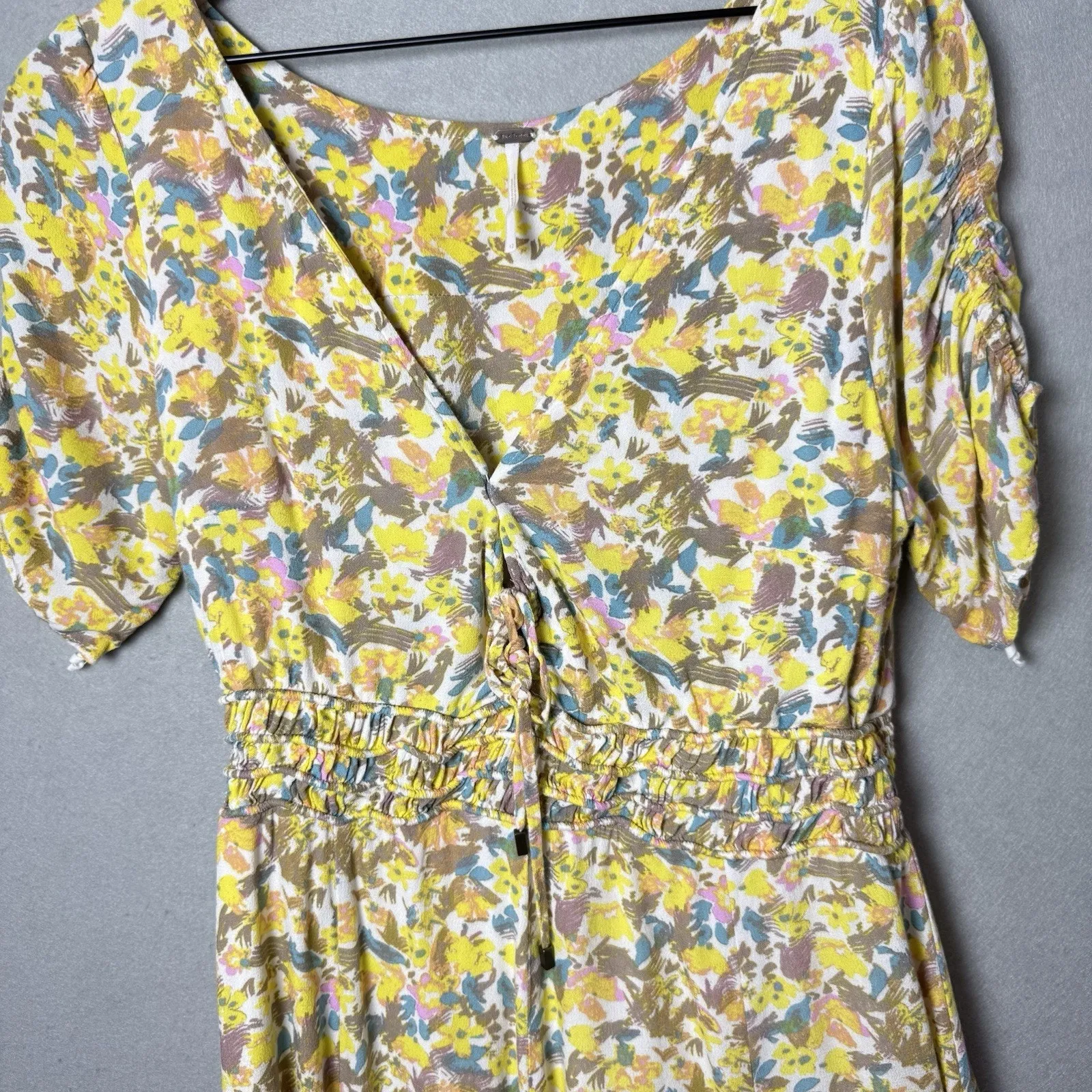 Free People Mini Dress Small Forget Me Not Floral Print Short Sleeve Yellow 12 - Image 3