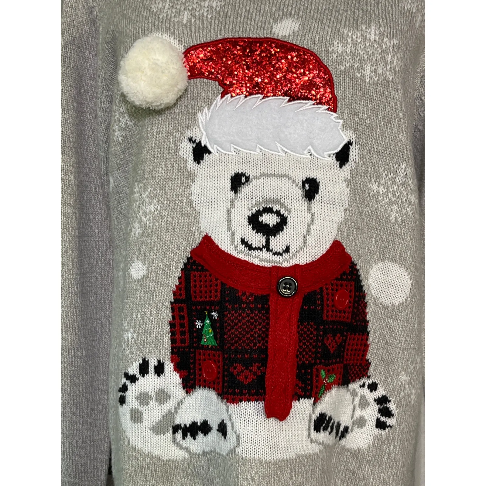 Karen Scott Plus PXL Polar Bear Christmas Sweater Glitter Santa Hat Gray - Image 2