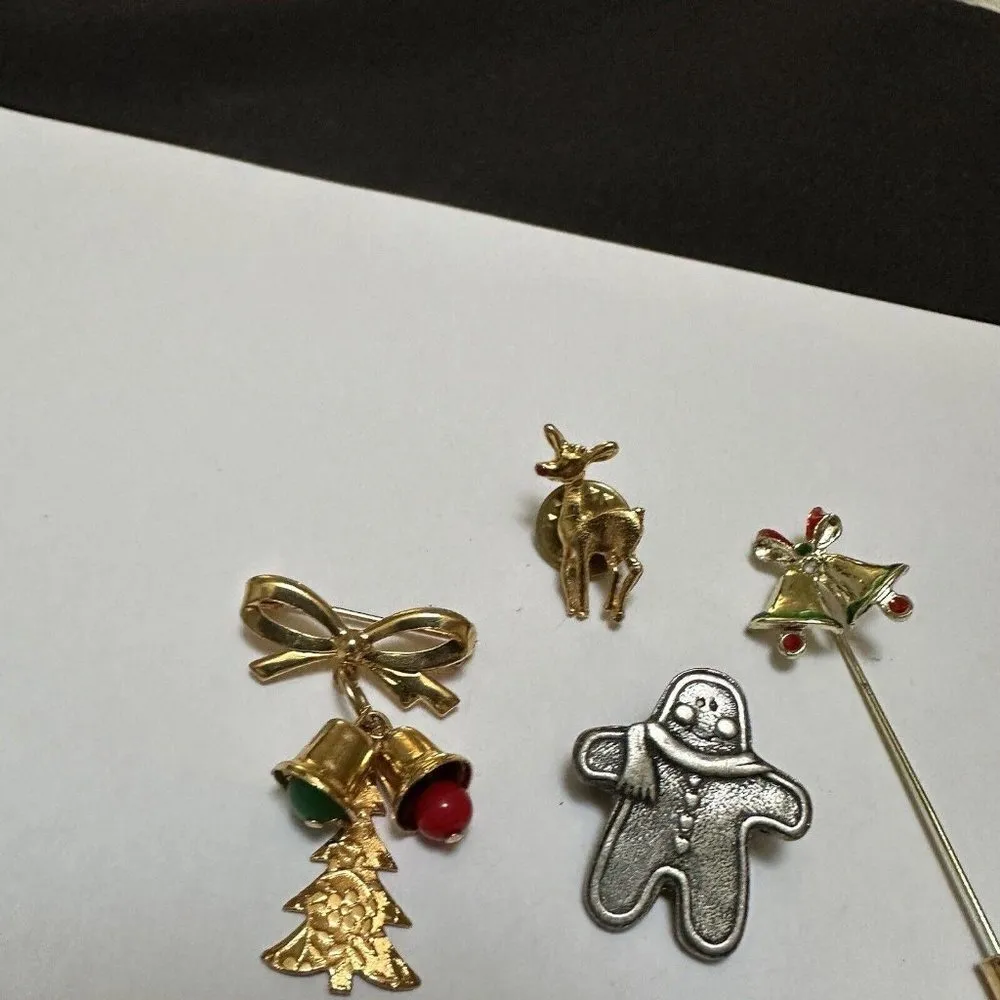 Lot Of 4 Brooch Pins Christmas Holiday Gingerbread Man, Bells, Deer - Image 3