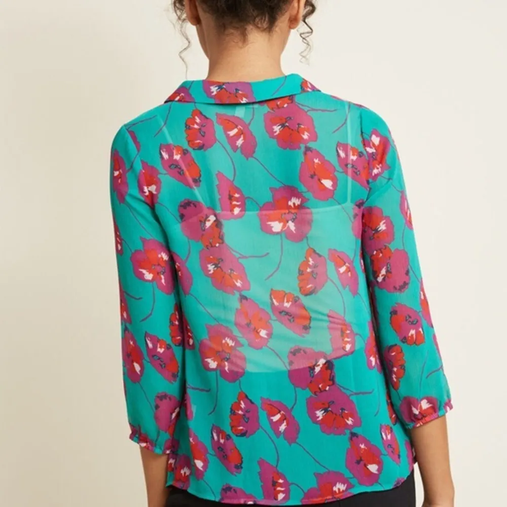ModCloth • Jade Floral poppy print Peter Pan collar blouse chiffon bow tie neck - Image 11