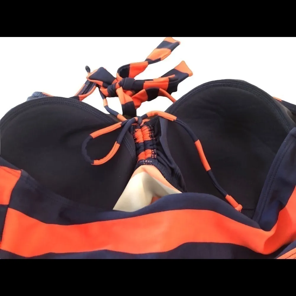 Motherhood Maternity Navy Orange Stripe Tankini Top M Ruched Sides Shelf Bra - Image 4