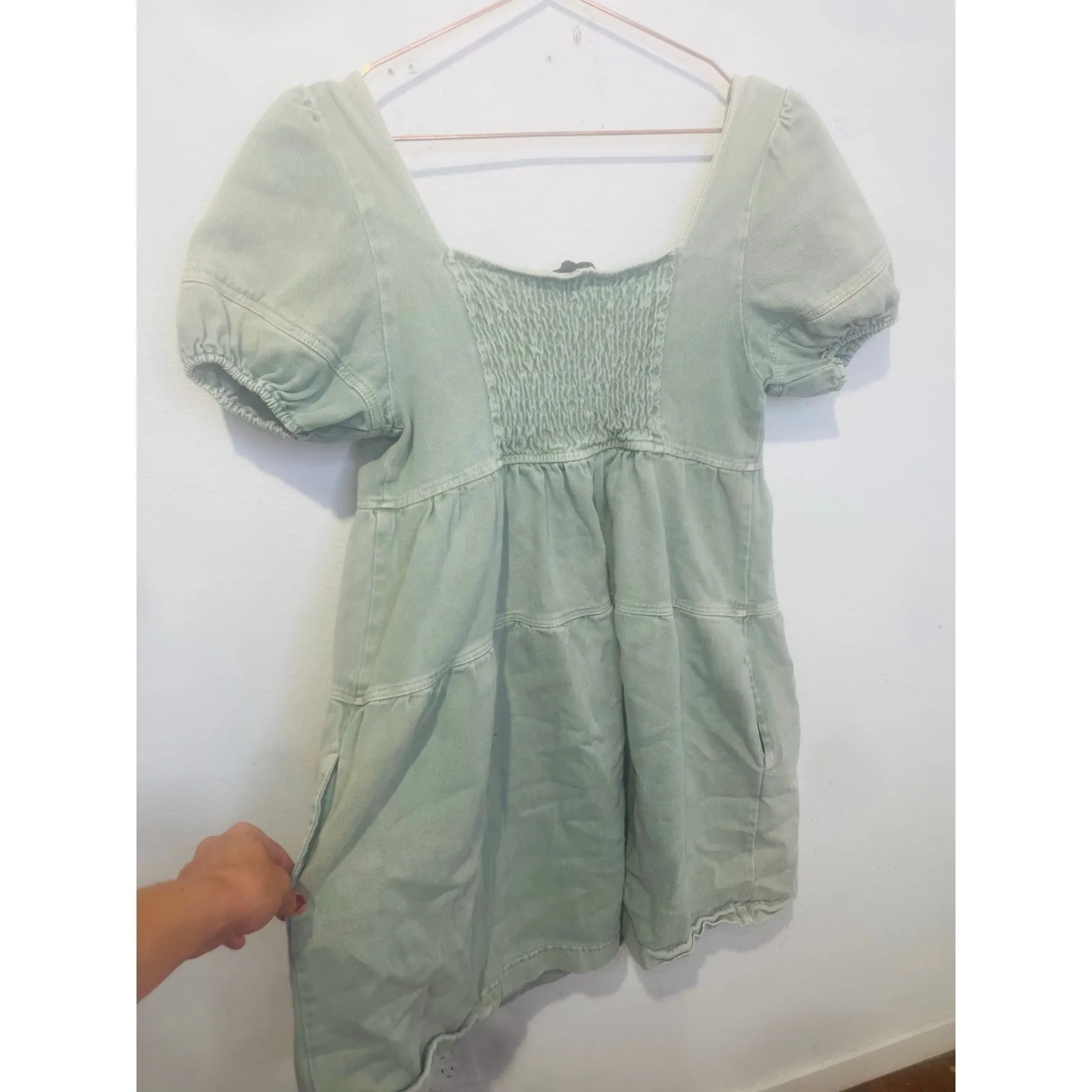 LOUNA Women's Green Denim Cotton Blend Empire Square Neck Mini Dress Size Small - Image 4