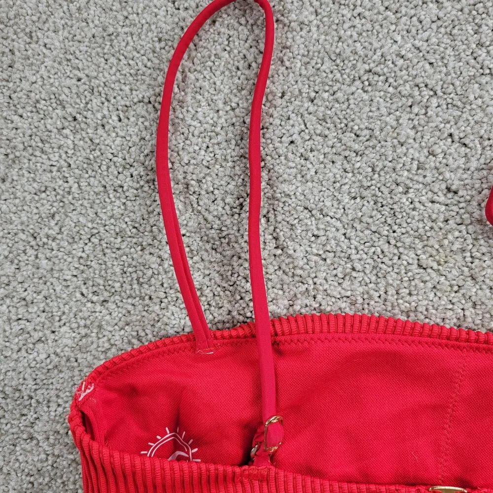Hollister Womens Bikini Top Small Red Ribbed Square Neck Spaghetti Strap Bandeau - Image 8