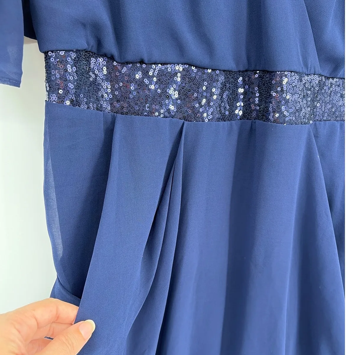 City Chic Sequin Dress 18 Navy Chiffon Holiday Cocktail Wedding Flutter Cruise - Image 4