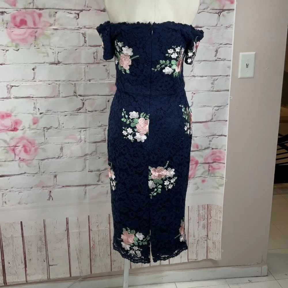 Nicole Miller Women's Strapless Laced Floral Off The Shoulder Midi Dress Navy 6 - Image 8