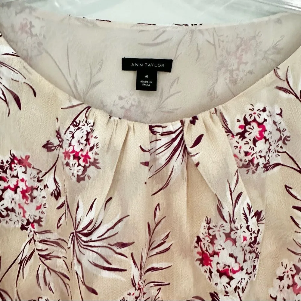 Ann Taylor Ruffle Sleeve Floral Blouse Women's‎ Medium Cream Pink Ladder Lace - Image 5