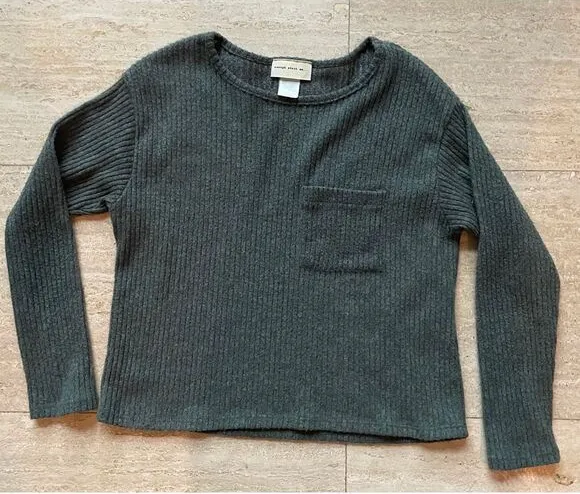 Enough about me Ribbed Green gray Cropped Sweater Chest Pocket Long Sleeve Top - Image 1