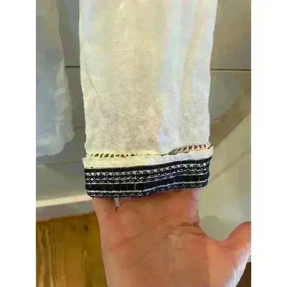 Artisan NY Women's White Blue Linen Caftan Pullover Tunic Top, S - Image 6