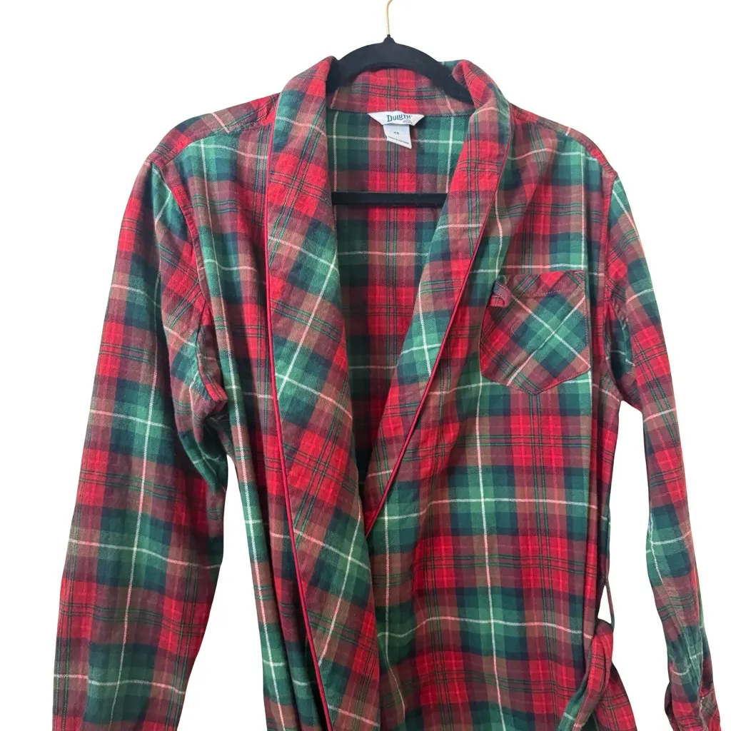 Duluth Trading Free Swingin Flannel Robe Red Green Plaid Belt Cotton Women XS - Image 2