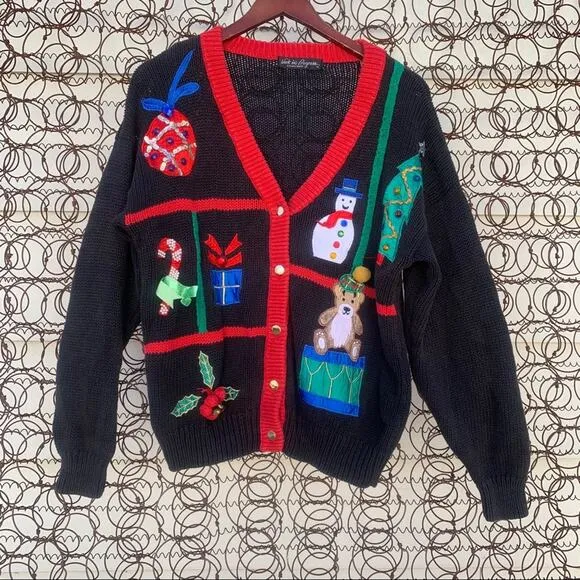 Vintage knit ugly Christmas cardigan sweater sampler applique bell present tree Red Size L - Image 1