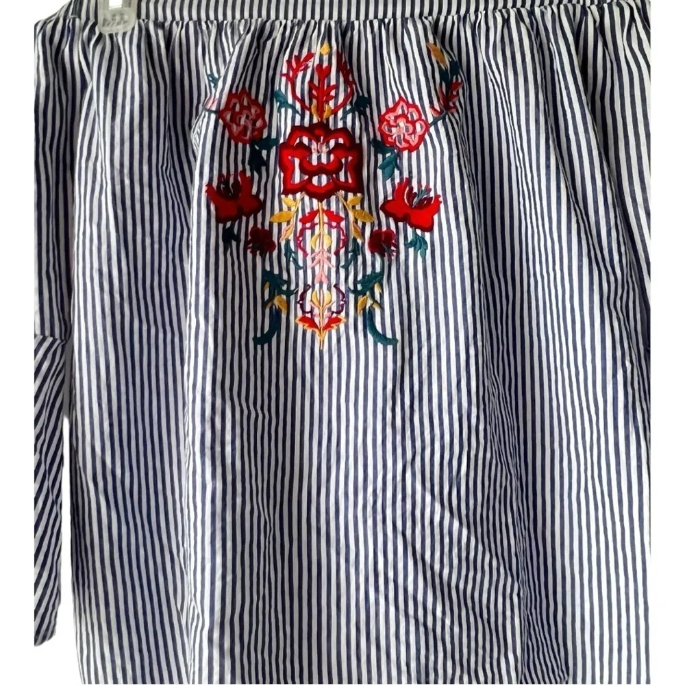 Women’s Blue Rain Tops  Blue Rain Pin Striped Bell Sleeve Off Shoulder size S. - Image 3