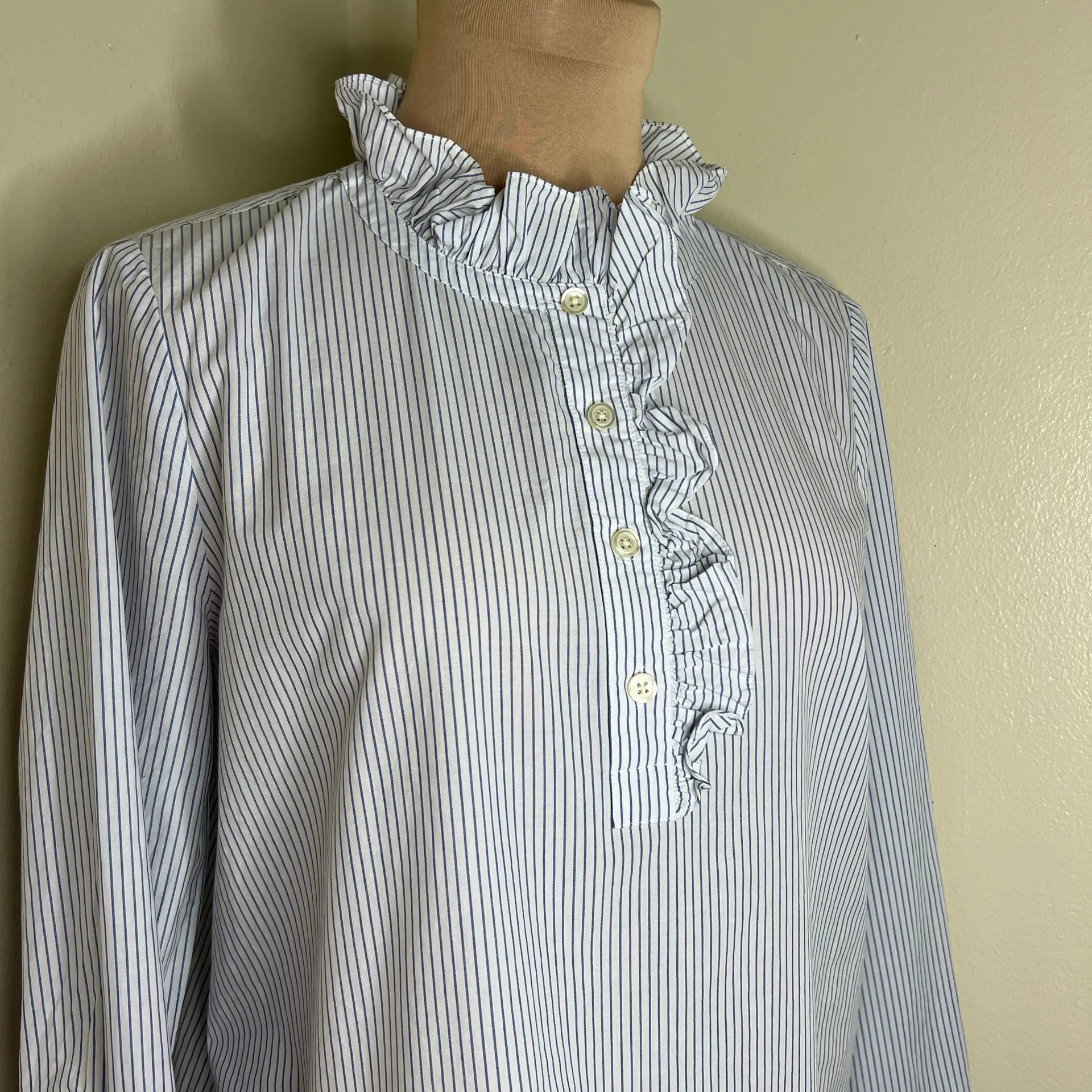 Kate Spade Broome Street Ruffle Poplin Shirt Small Women Blue Striped Top Preppy - Image 3