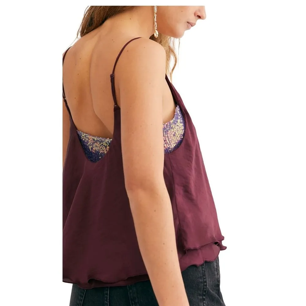 Free People Women's Tank Blouse Spaghetti Strap Sequined Plum Layered Trapeze - Image 2
