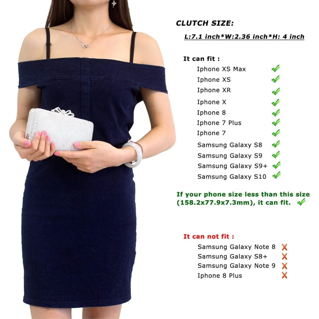 ⚡ Women's Silver Rhinestone Crystal Bow Clasp Metal Chain Evening Clutch Handbag - Image 6