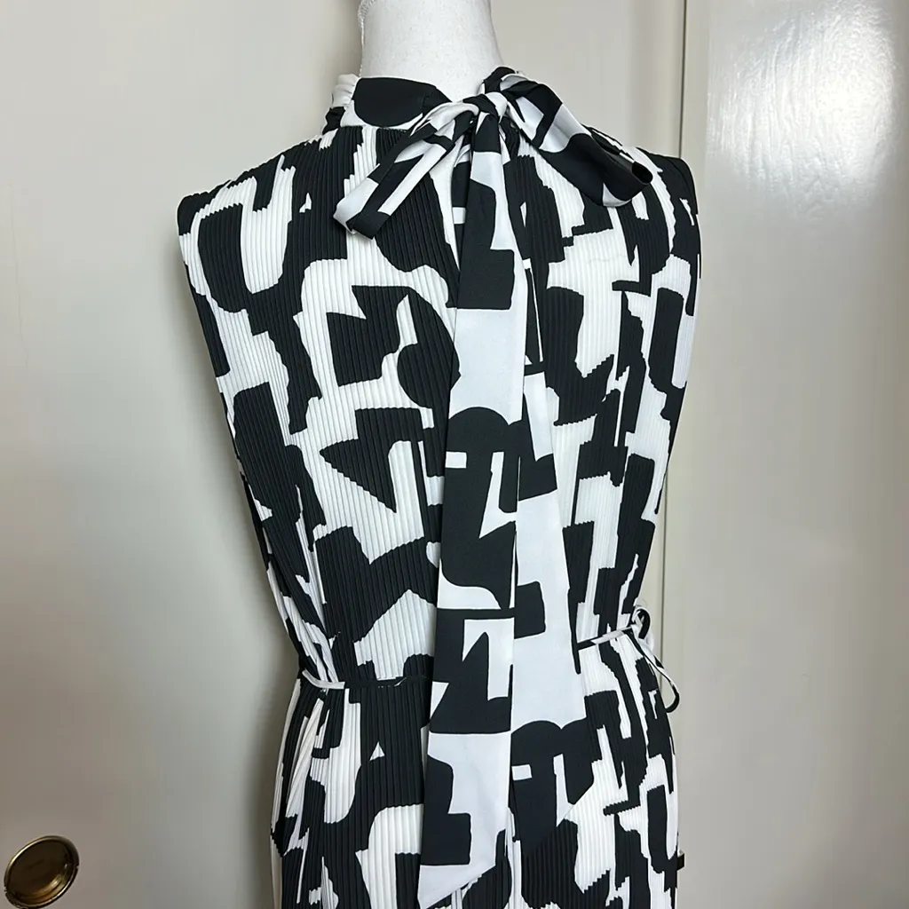 MILLY Melina Pleater Midi Dress Black‎ & White High Neck Structured Size 10 - Image 7