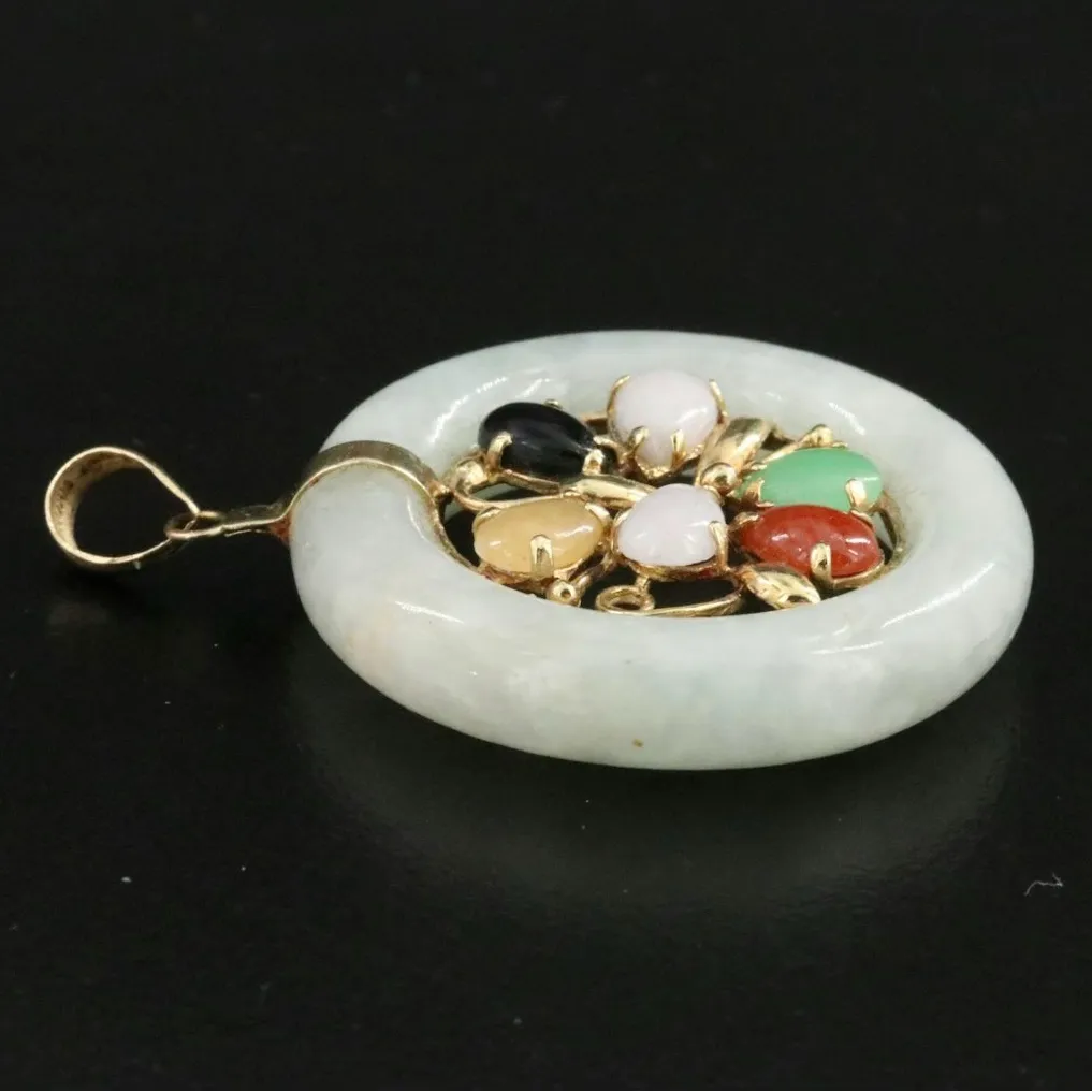 VINTAGE 14K SOLID YELLOW GOLD GENUINE JADEITE & ONYX PENDANT Green - Image 4