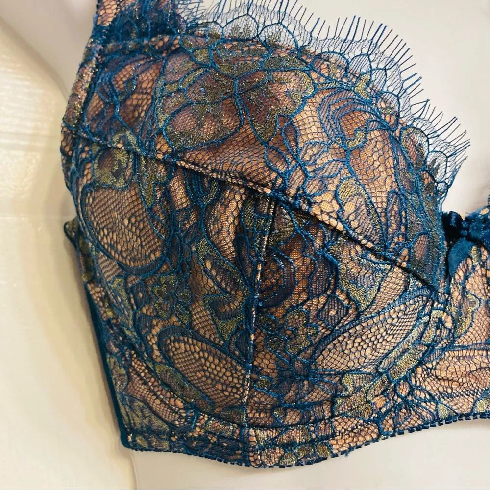 Fredrick’s Of Hollywood Voluptuous Bra Padded Push Up‎ 34DD Teal Shine Lace NEW - Image 2