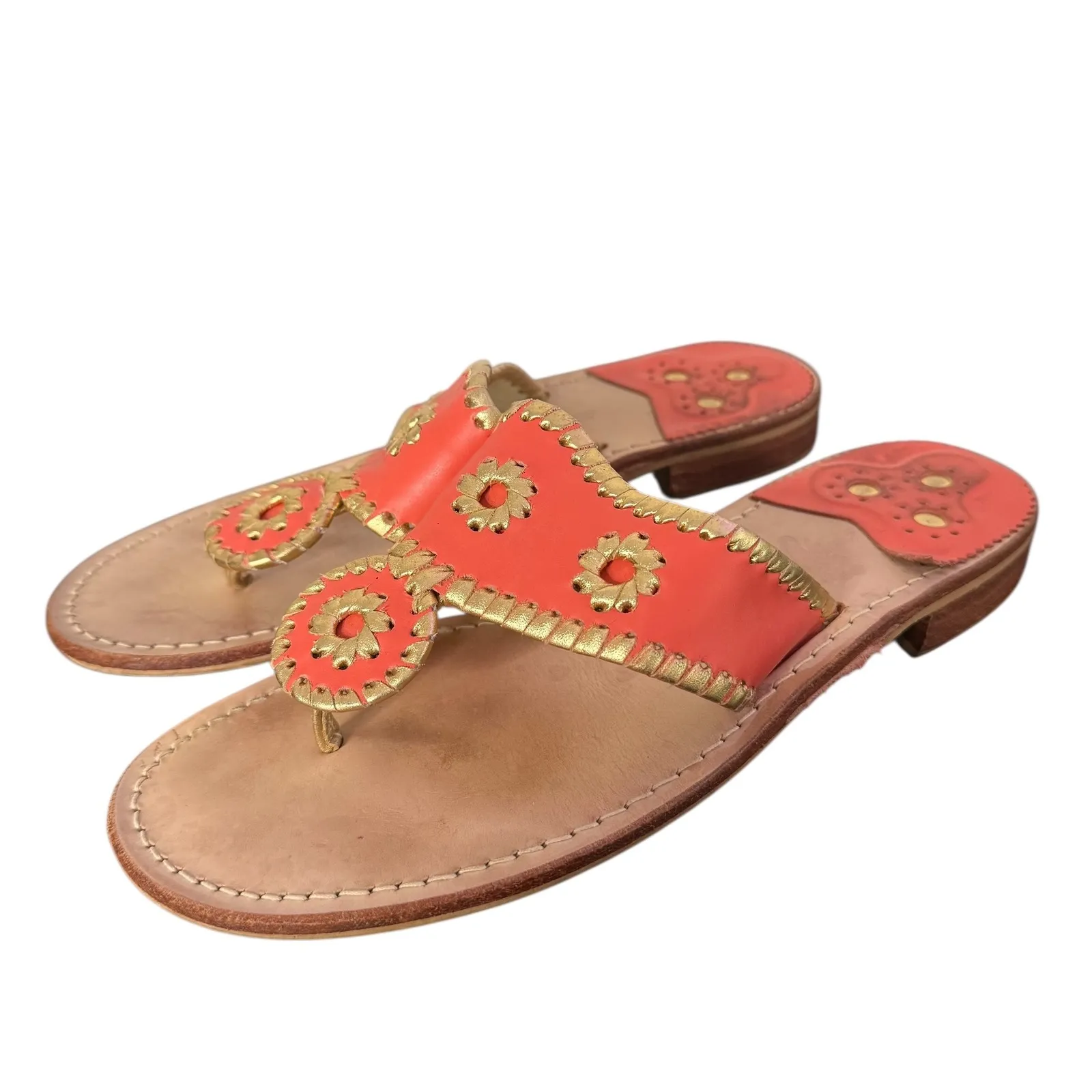 Jack‎ Rogers Nantucket Thong Sandals Coral Gold Size 8 Slip On Shoes Leather - Image 3