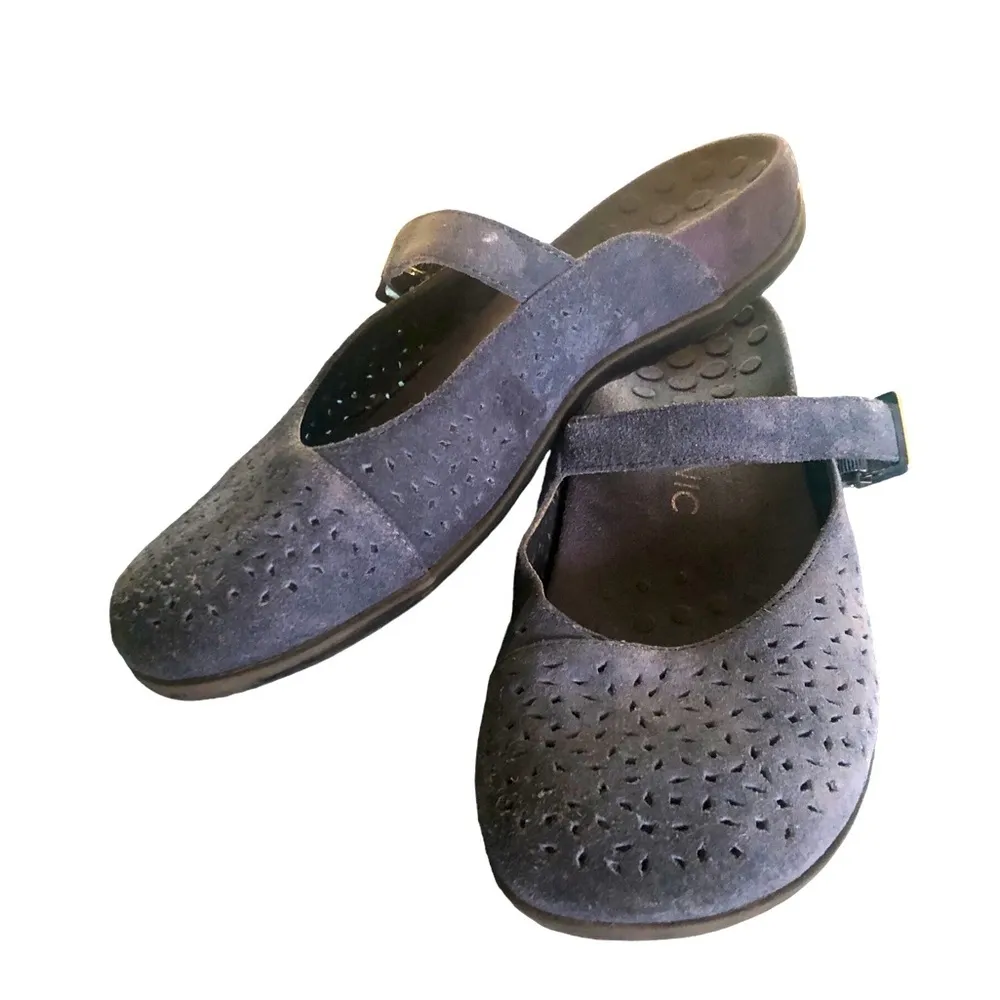 Lydia Laser Cut Mary Jane Slip On Slide Sz. 10 Navy Blue Suede Leather - Image 3