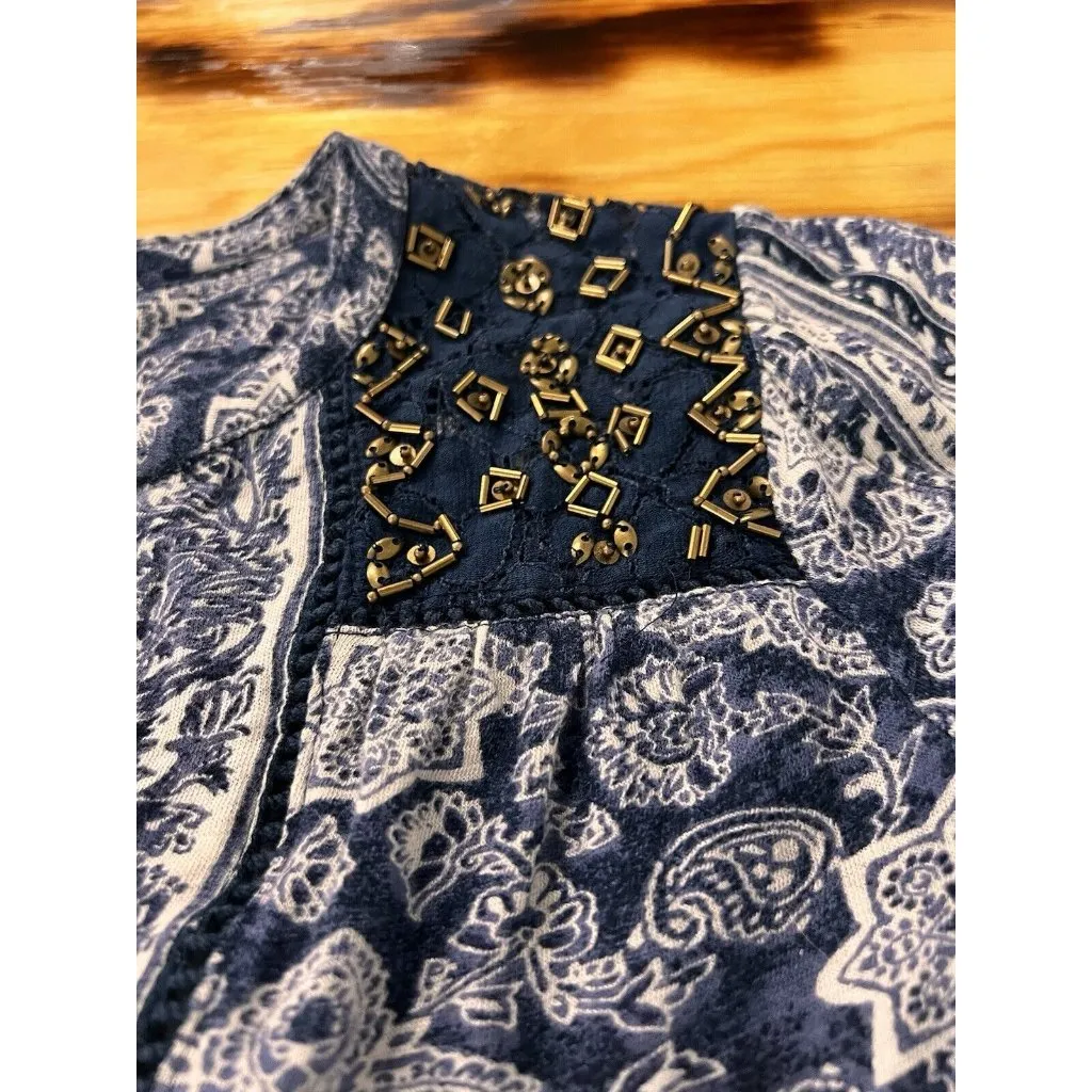 Lucky Brand Womens Top Size XS Blue Beaded Floral‎ Peasant Tassel Ties V-Neck - Image 12