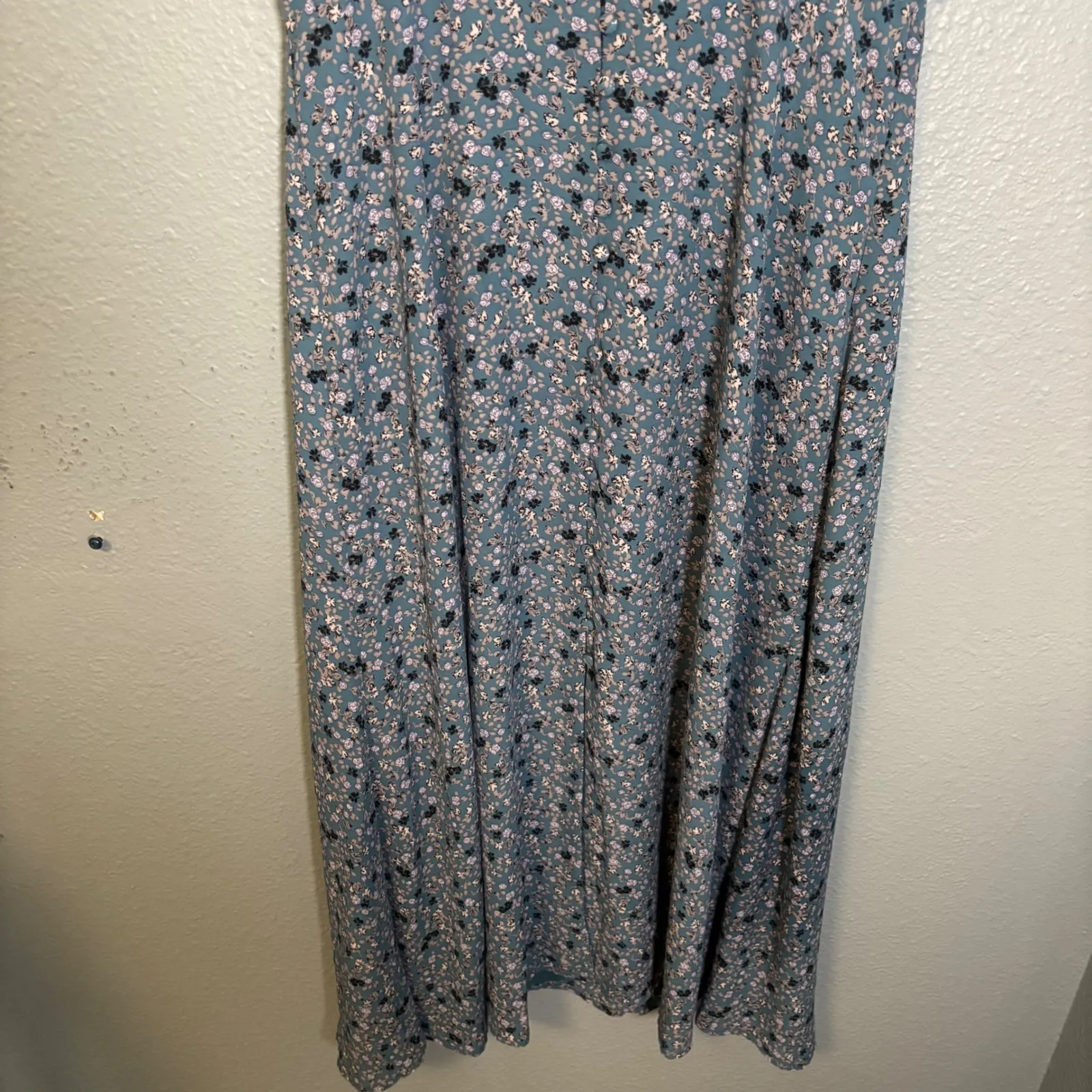 Böhme Floral Print Midi‎ Dress Blue Button Front Slit Cottagecore Women's Small - Image 5