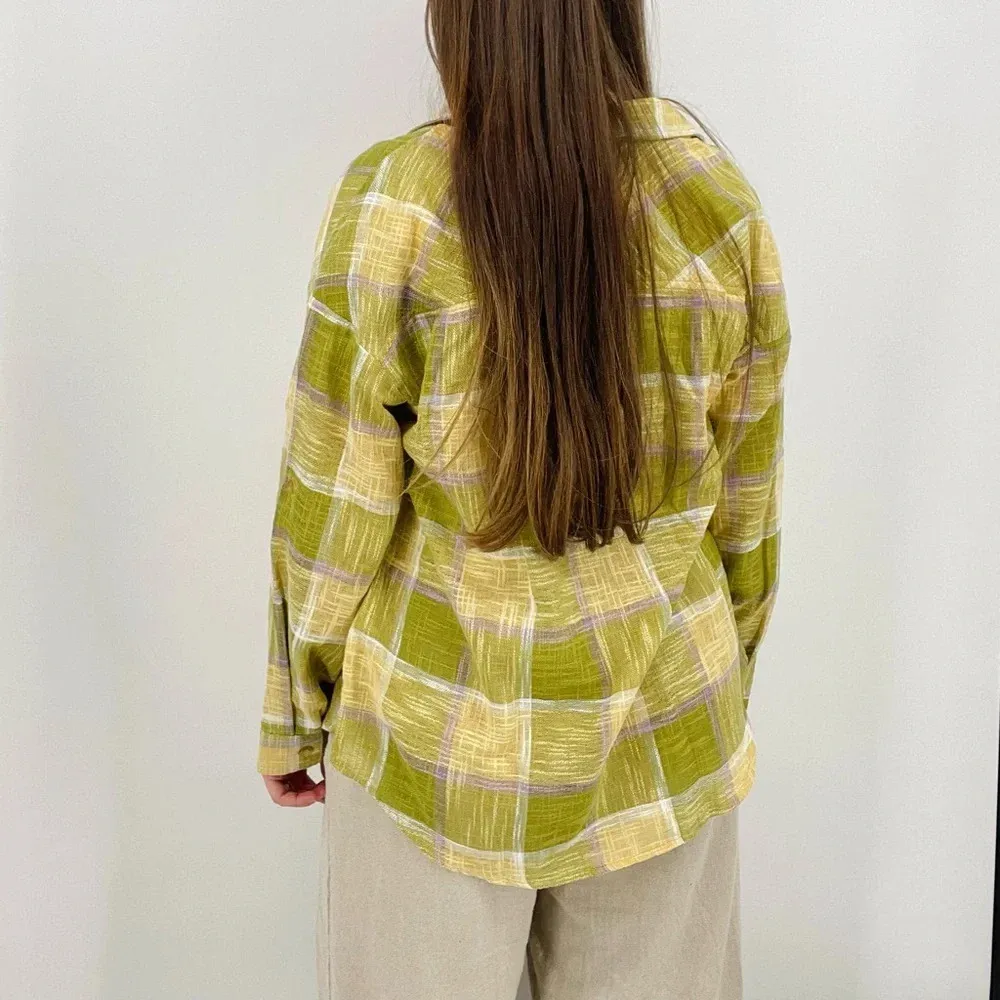 coastal cowgirl linen blend citrus button down layering top / shirt plaid s - Image 4