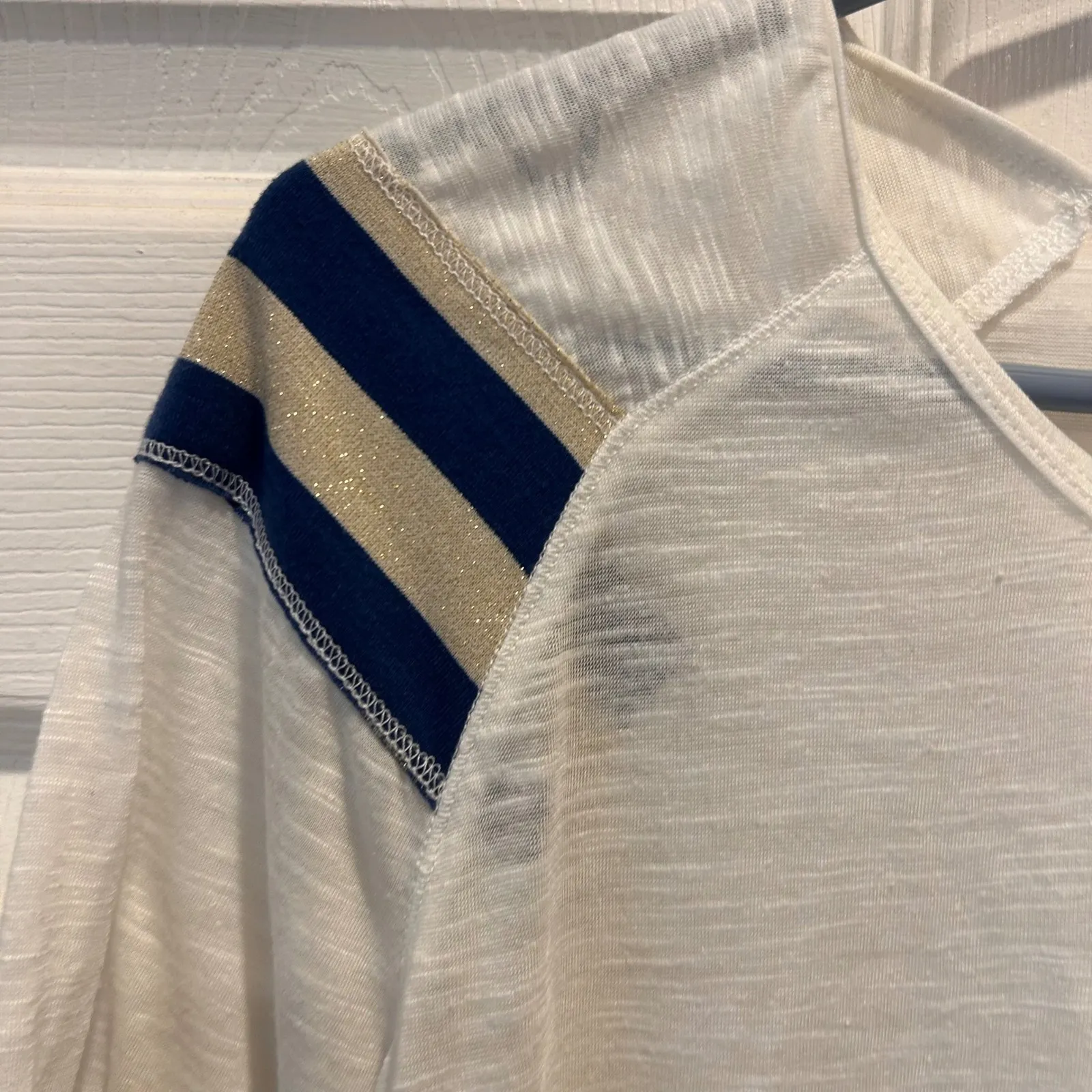 Anthro Ellison Womens T-Shirt White Blue Gold Stripe 3/4 Sleeve Sz L Linen Blend - Image 2
