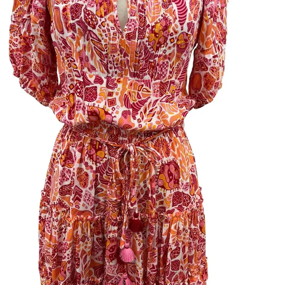 Poupette St.‎ Barth Mini Bona V Red Chagal Printed Pink Orange Dress Size Small - Image 7
