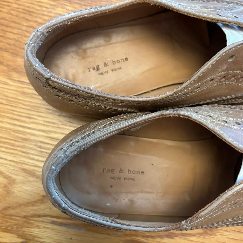 Rag & Bone 36.5 6.5 Cognac Leather Brogue Slip On No Lace Wingtip Oxford Shoes - Image 4