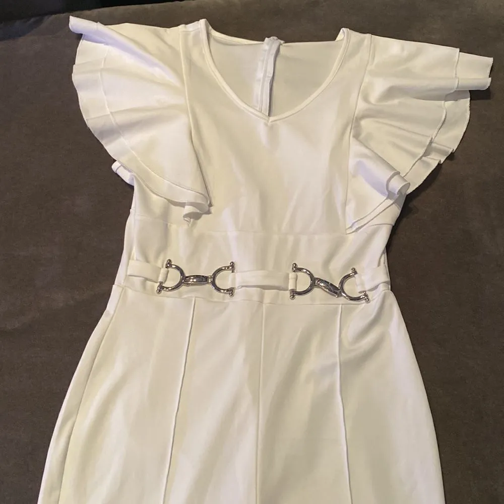 Women’s White Jumpsuit with Ruffles and Silver Waist Detail Size M **READ Size M - Image 3