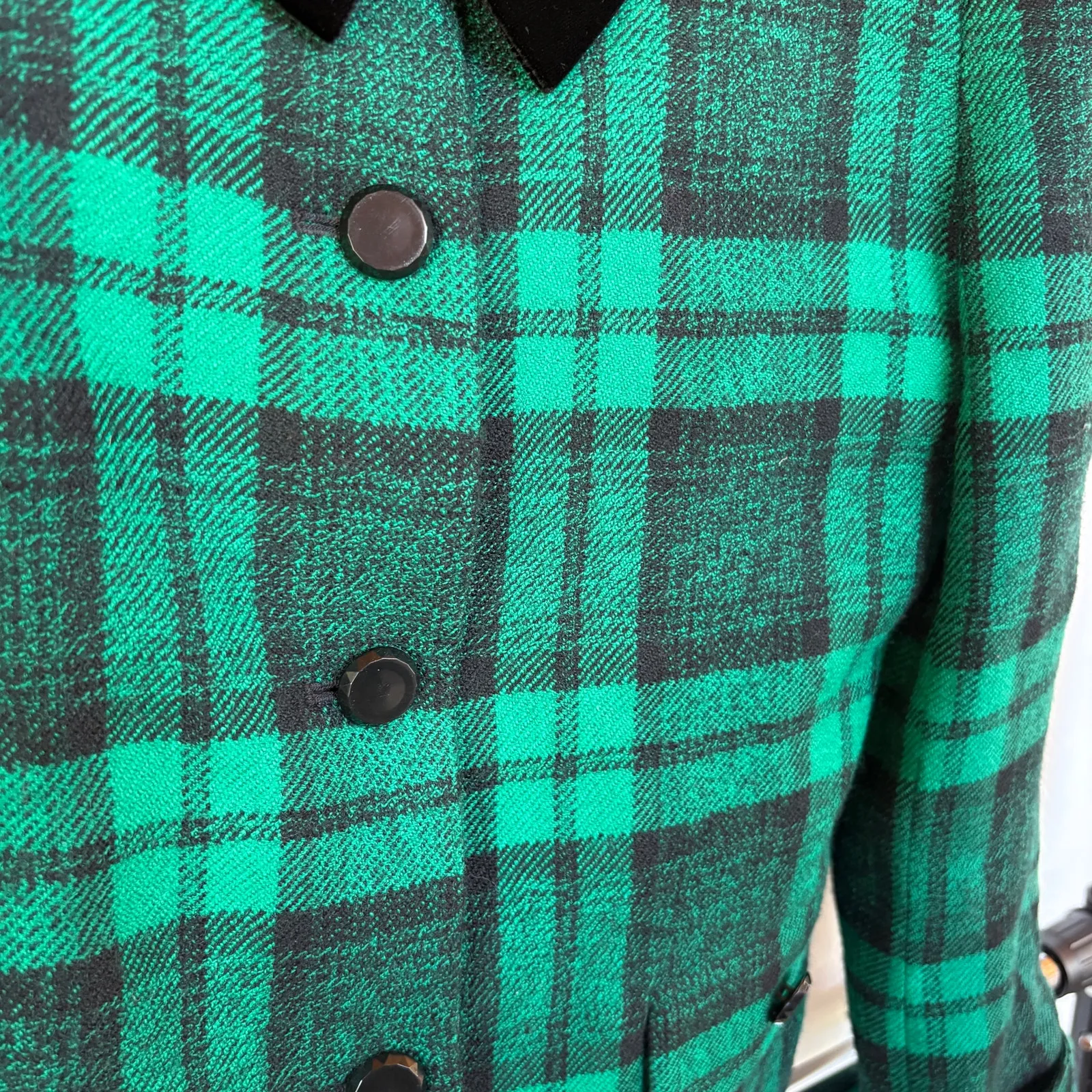 Vintage 80s Kelly Green Plaid Blazer Jacket Wool Velvet Bow Preppy Career Size 8 - Image 4