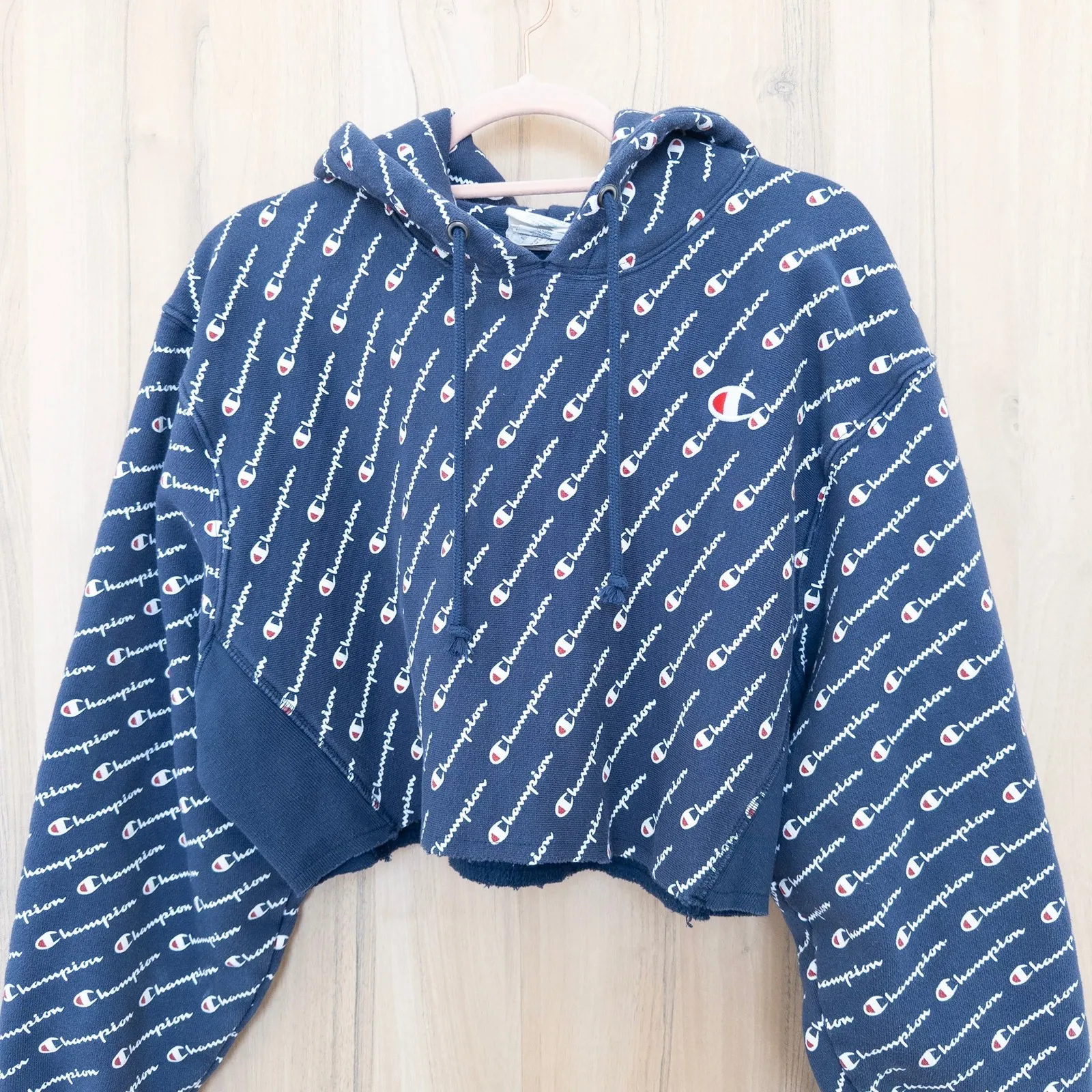 Champion Reverse Weave All Over Logo Cropped Hoodie Size M Navy Y2K Sporty - Image 2